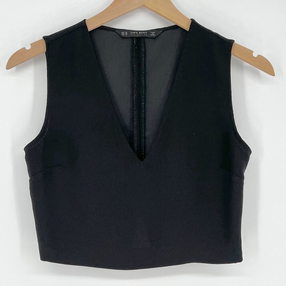 Zara Women's V-Neck Sleeveless Crop Top Size XS Black Side Zip Neutral Trendy